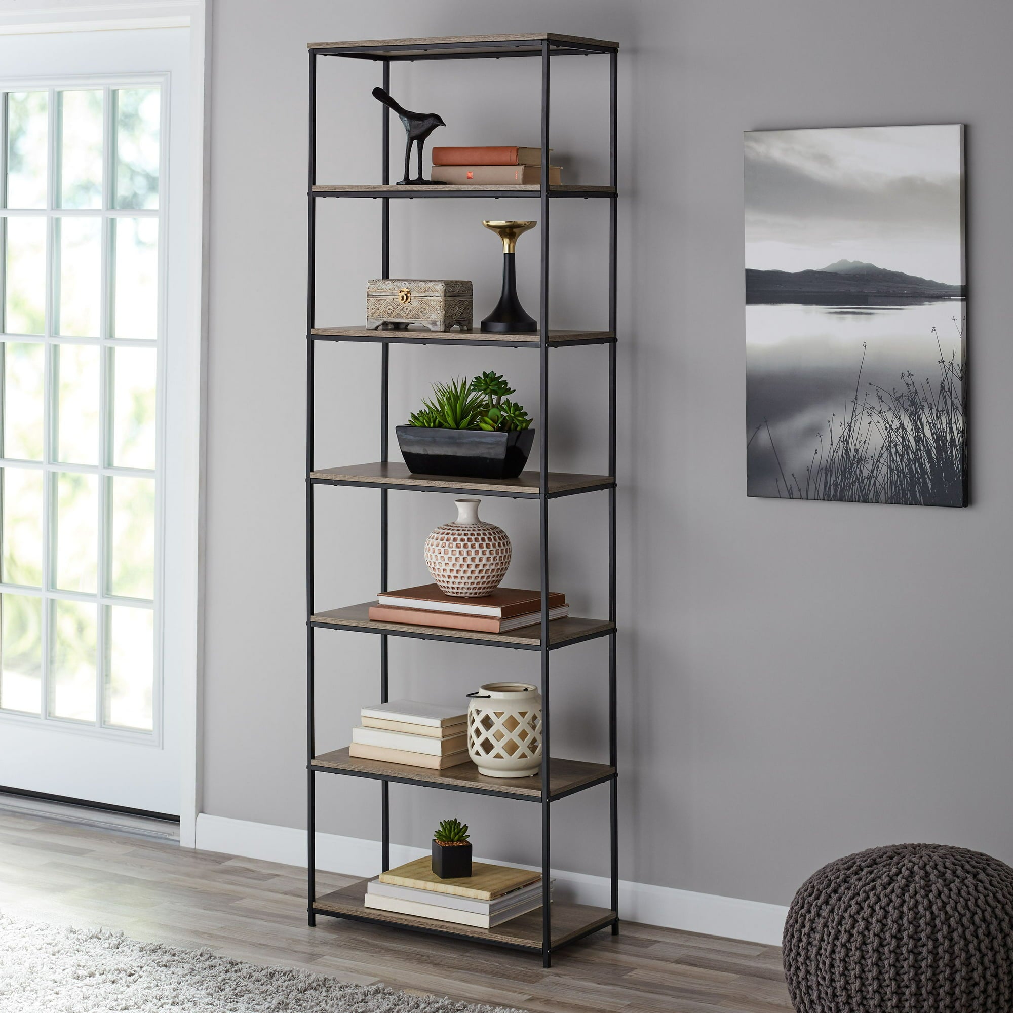 6-Shelf Metal Frame Bookcase, Rustic Brown